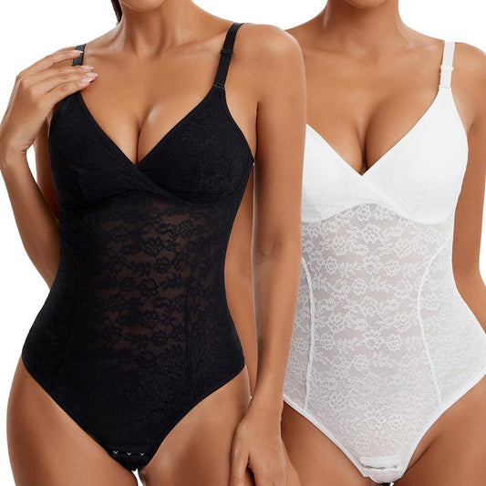 Body con Tanga de encaje con cuello en V para mujer, Top Sexy con tirantes, Control de barriga, moldeador de cuerpo sin entrepierna, ropa moldeadora, almohadilla para el pecho extraíble - lobbol