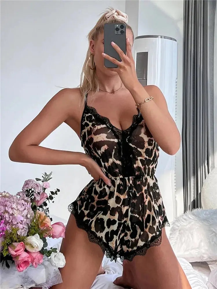 Body de encaje entrecruzado con espalda descubierta para adultos, pelele con estampado completo de malla para dormir, mono con cuello en V, pijama de verano, lencería sexy - lobbol