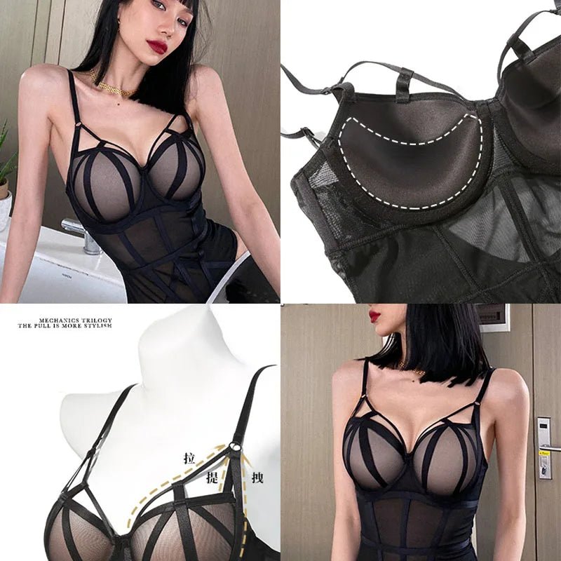 Body francés para mujer, conjunto de sujetador de realce de encaje Sexy, vendaje clásico de malla transparente, ropa interior ajustada, monos calados tentación - lobbol