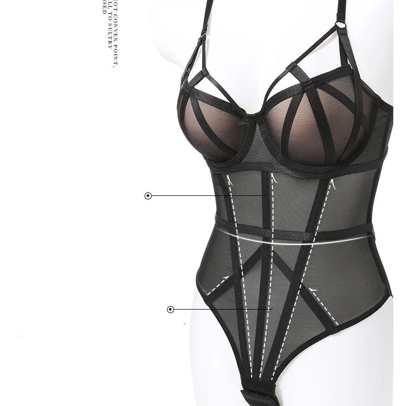 Body francés para mujer, conjunto de sujetador de realce de encaje Sexy, vendaje clásico de malla transparente, ropa interior ajustada, monos calados tentación - lobbol