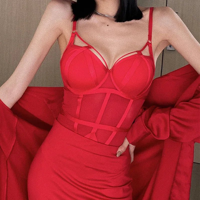 Body francés para mujer, conjunto de sujetador de realce de encaje Sexy, vendaje clásico de malla transparente, ropa interior ajustada, monos calados tentación - lobbol