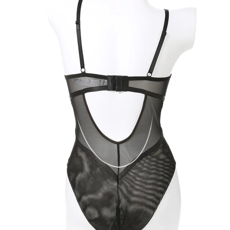 Body francés para mujer, conjunto de sujetador de realce de encaje Sexy, vendaje clásico de malla transparente, ropa interior ajustada, monos calados tentación - lobbol