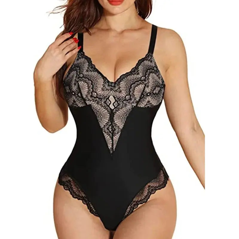 Body moldeador de encaje sin costuras con cuello en V, Body Sexy con tirantes, ropa interior moldeadora de cuerpo, tela de nailon para verano y otoño - lobbol