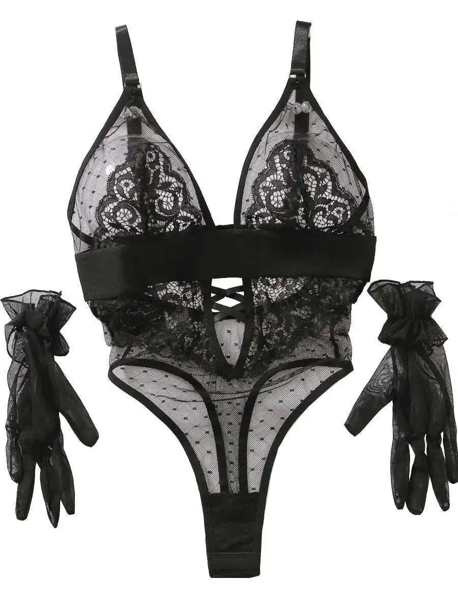 Body Sexy de malla de lunares con bordado de flores, guante de encaje con espalda descubierta, tirantes en V profundo, monos sin mangas, encantador e informal LE4A - lobbol