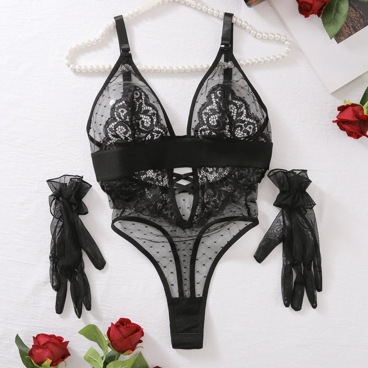 Body Sexy de malla de lunares con bordado de flores, guante de encaje con espalda descubierta, tirantes en V profundo, monos sin mangas, encantador e informal LE4A - lobbol