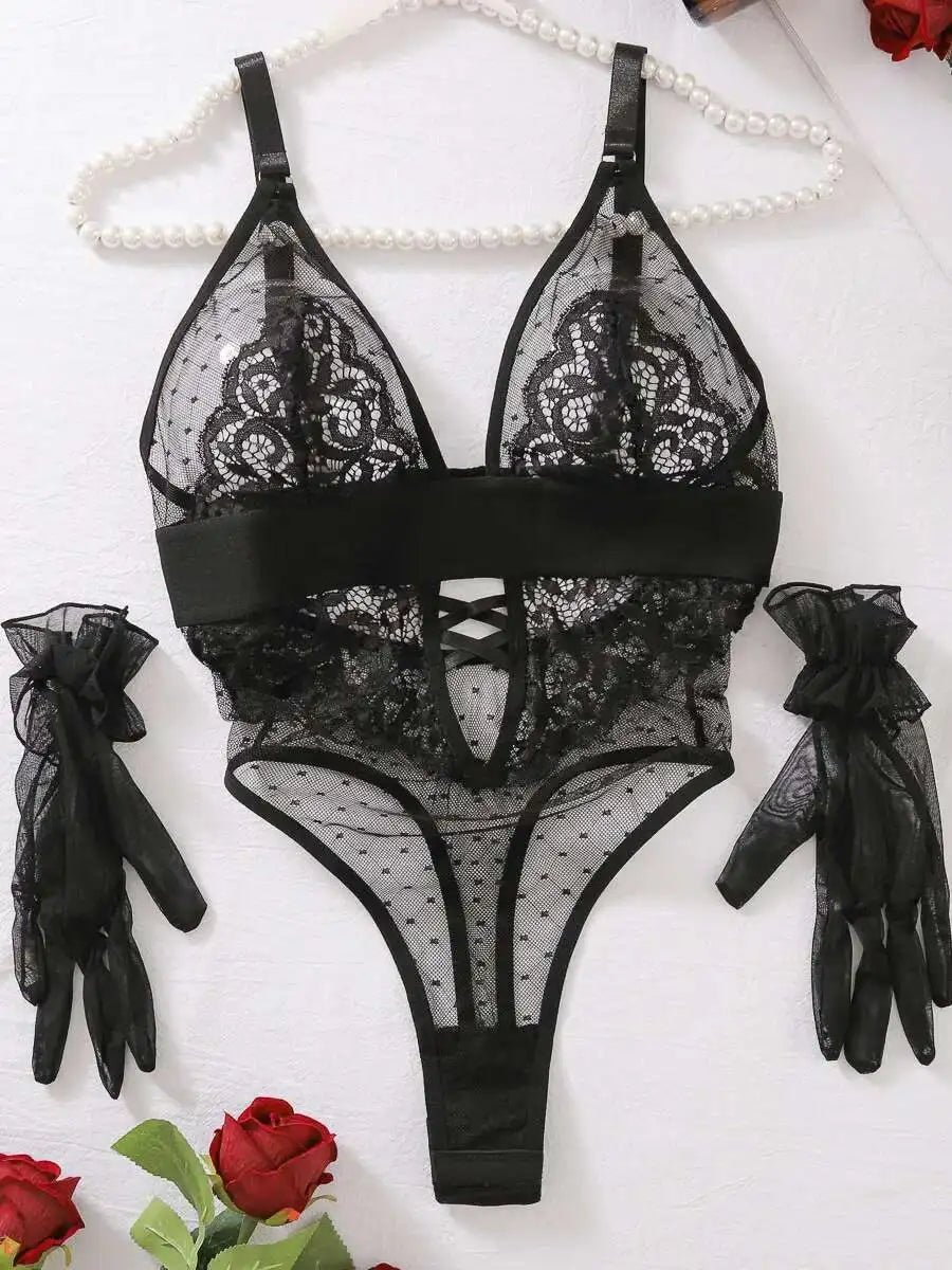 Body Sexy de malla de lunares con bordado de flores, guante de encaje con espalda descubierta, tirantes en V profundo, monos sin mangas, encantador e informal LE4A - lobbol