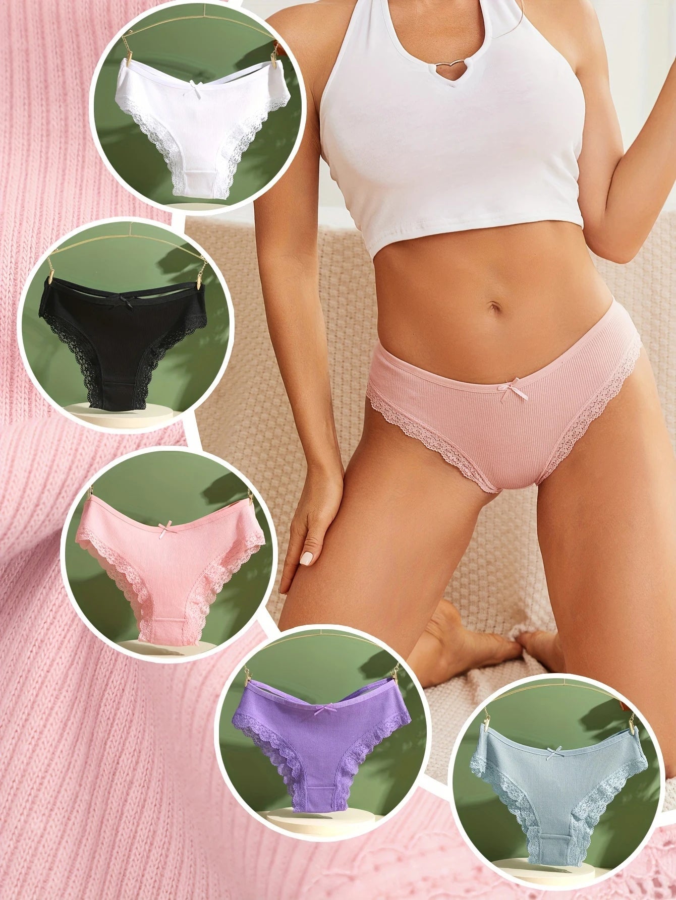 Calzoncillos de algodón para mujer, ropa interior Sexy de encaje, bragas brasileñas huecas, ropa interior cómoda, lencería S - XL de Color sólido, 5 uds. - lobbol