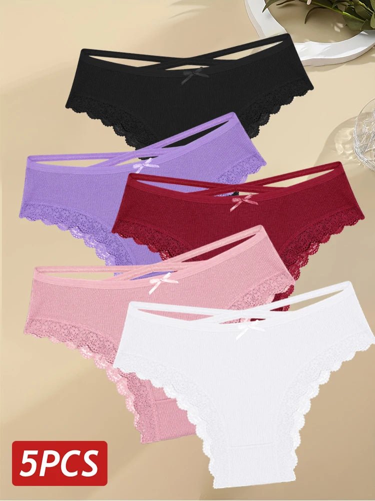 Calzoncillos de algodón para mujer, ropa interior Sexy de encaje, bragas brasileñas huecas, ropa interior cómoda, lencería S - XL de Color sólido, 5 uds. - lobbol