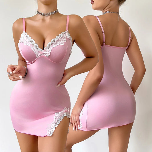 Camisón de verano para mujer, seductor, rosa, escote en V profundo, sin mangas, moda de encaje, pijama para dormir, lencería para mujer, camisón, ropa de casa - lobbol