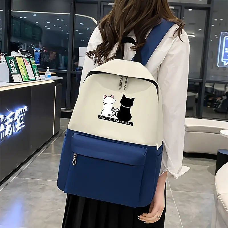 Cartoon Cat Print Contrast Color Backpack With Matching Tote, Pencil Case & Wallet, Durable Travel And School Bag Combo - lobbol