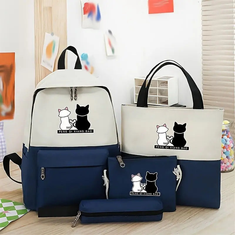 Cartoon Cat Print Contrast Color Backpack With Matching Tote, Pencil Case & Wallet, Durable Travel And School Bag Combo - lobbol