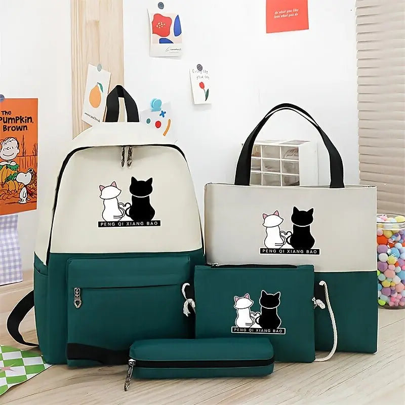 Cartoon Cat Print Contrast Color Backpack With Matching Tote, Pencil Case & Wallet, Durable Travel And School Bag Combo - lobbol