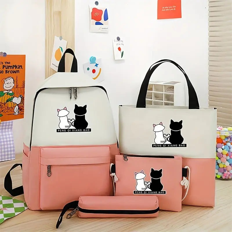 Cartoon Cat Print Contrast Color Backpack With Matching Tote, Pencil Case & Wallet, Durable Travel And School Bag Combo - lobbol
