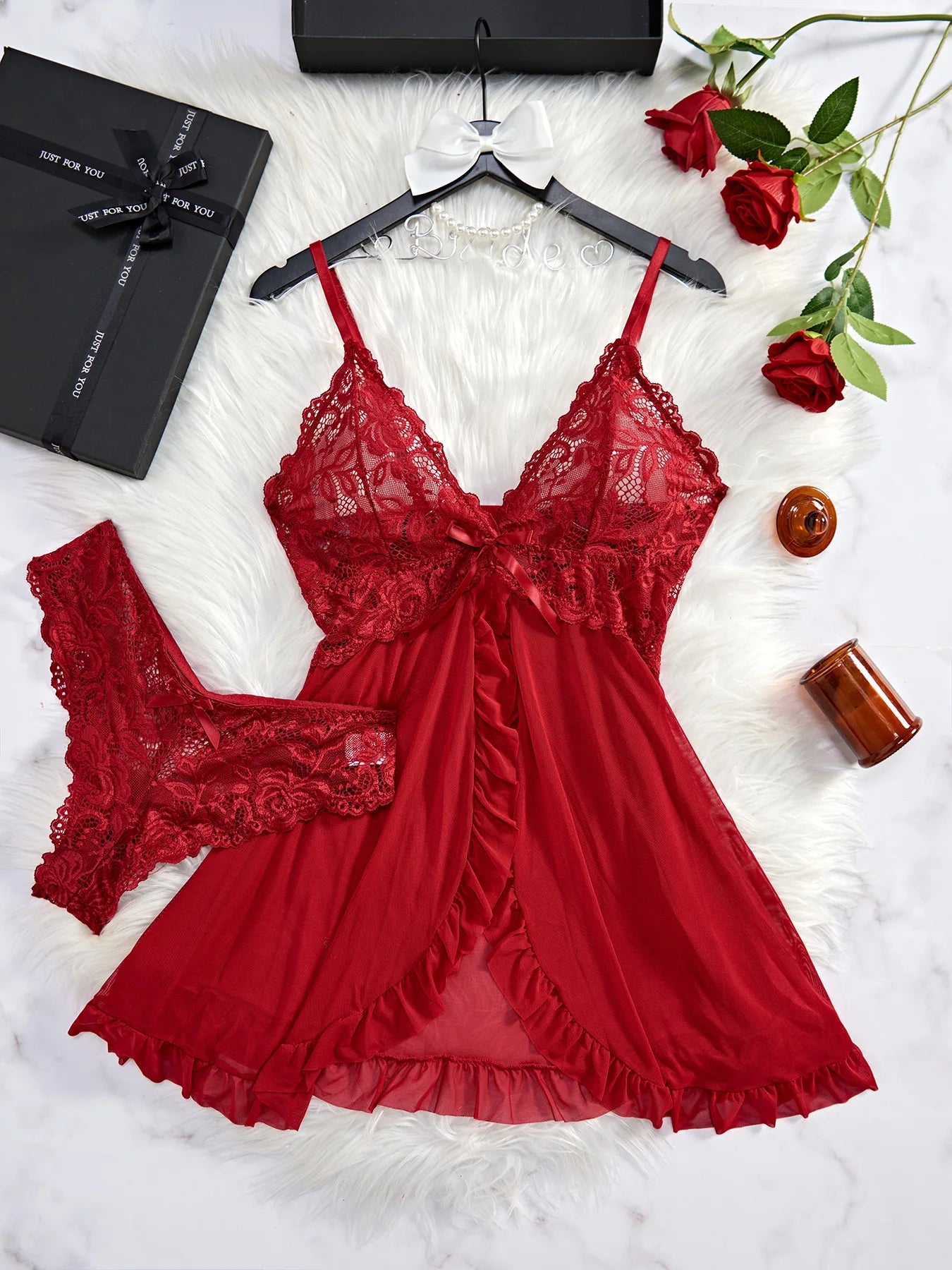 Conjunto de lencería Sexy para mujer, camisón con sujetador erótico, ropa de dormir de encaje Sexy, vestidos suaves ajustados sólidos con cuello en V, ropa de dormir y vestidos deslizantes completos - lobbol