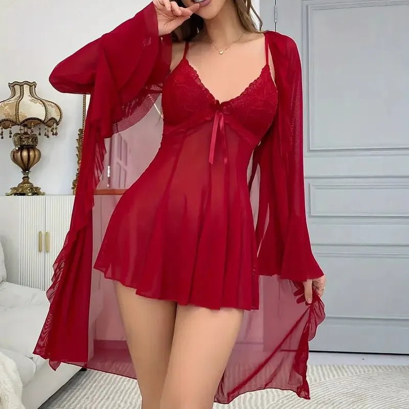 Conjunto de lencería Sexy para mujer, vestido camisola de encaje con cuello en V y vestido de noche de malla transparente, ropa de dormir de ocio para mujer - lobbol