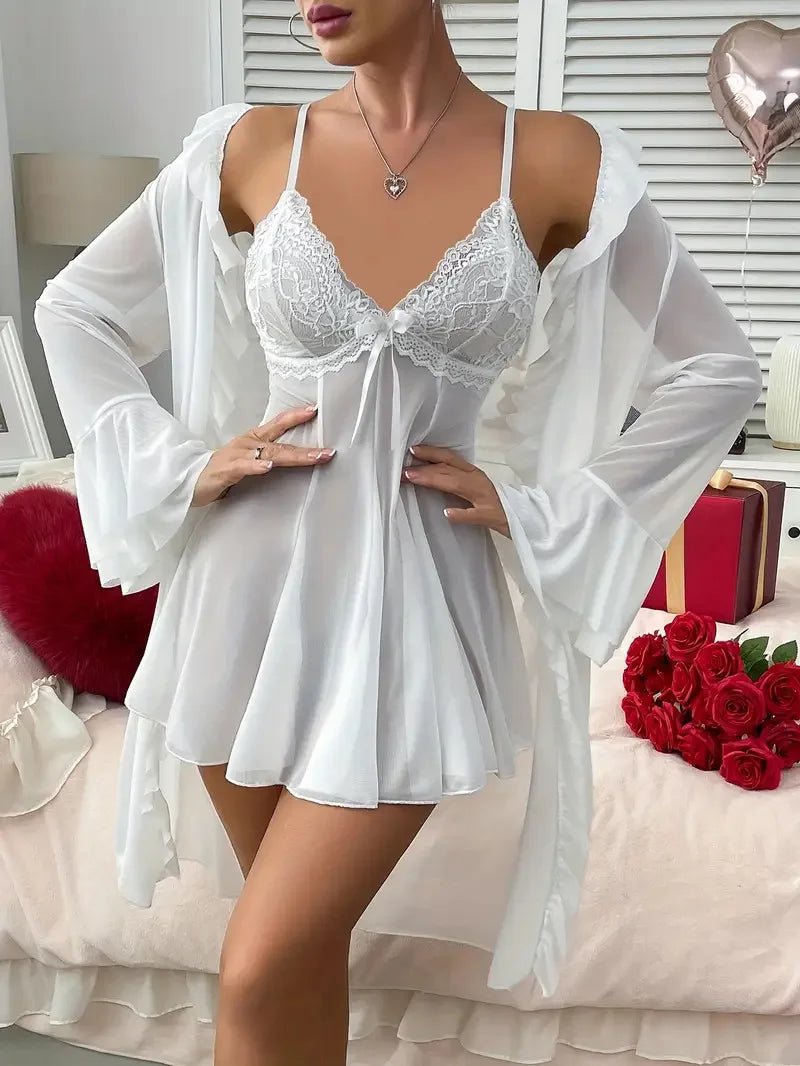 Conjunto de lencería Sexy para mujer, vestido camisola de encaje con cuello en V y vestido de noche de malla transparente, ropa de dormir de ocio para mujer - lobbol