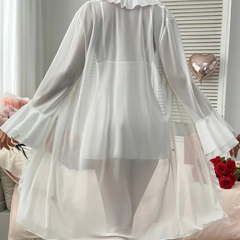 Conjunto de lencería Sexy para mujer, vestido camisola de encaje con cuello en V y vestido de noche de malla transparente, ropa de dormir de ocio para mujer - lobbol