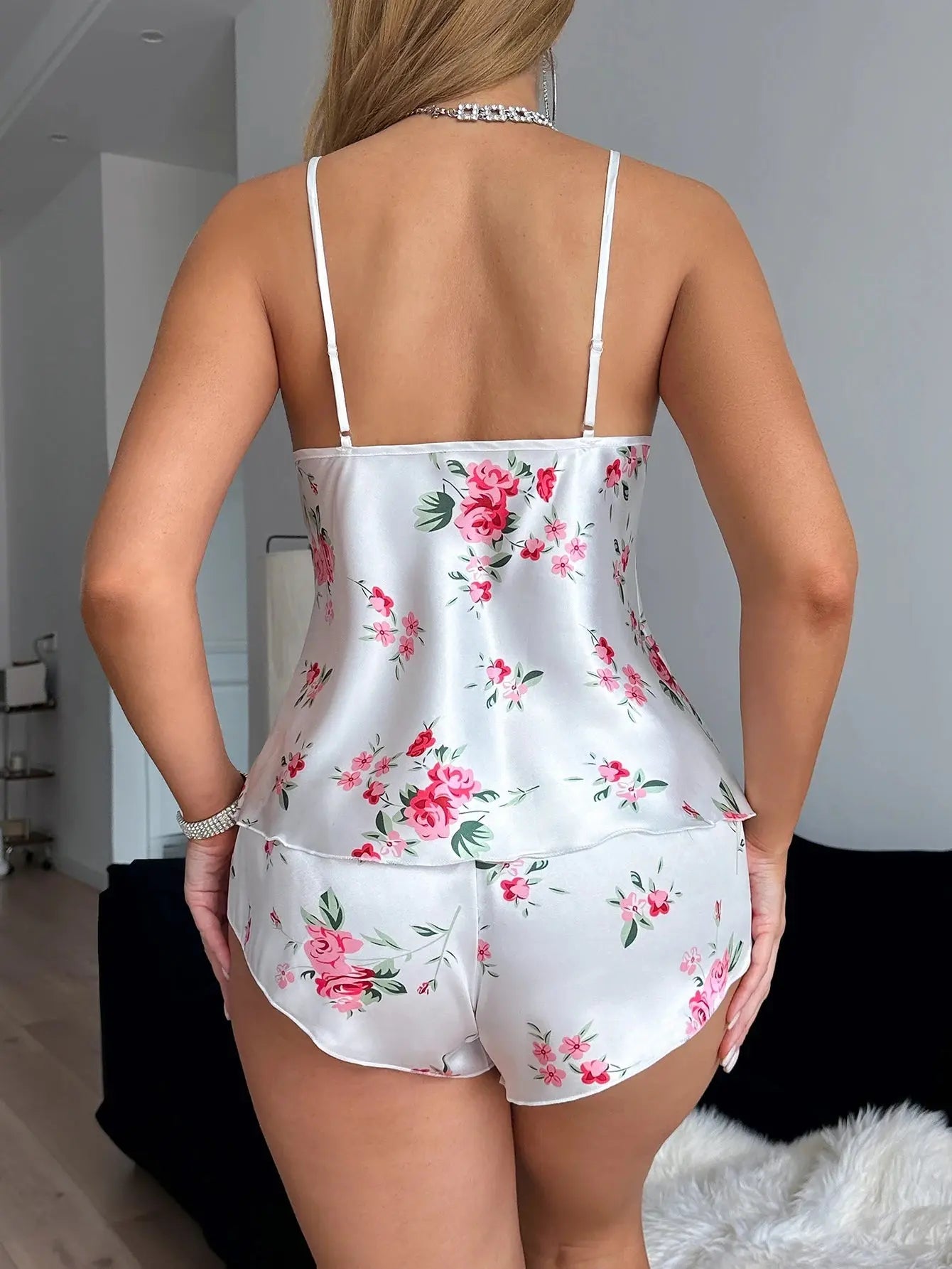 Conjunto de pantalones cortos halter con estampado de encaje y cuello en V, pijama de mujer moderno y elegante, conjunto de 2 piezas - lobbol