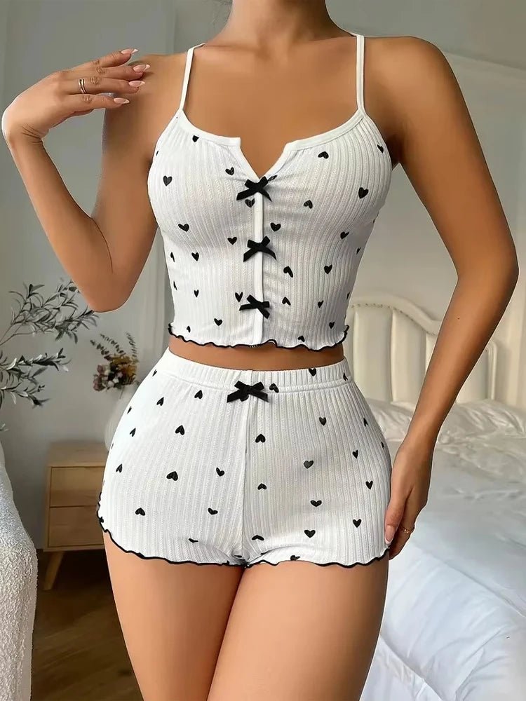 Conjunto de Pijama Sexy con Estampado de Corazón para Mujer, Ropa de Dormir de Seda, Cuello en V, Sin Mangas, Camiseta Informal y Pantalones Cortos, Ropa de Estar en Casa - lobbol
