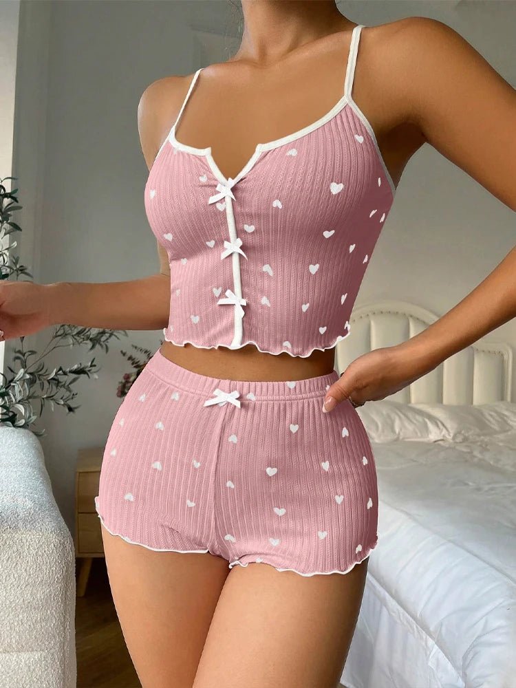 Conjunto de Pijama Sexy con Estampado de Corazón para Mujer, Ropa de Dormir de Seda, Cuello en V, Sin Mangas, Camiseta Informal y Pantalones Cortos, Ropa de Estar en Casa - lobbol