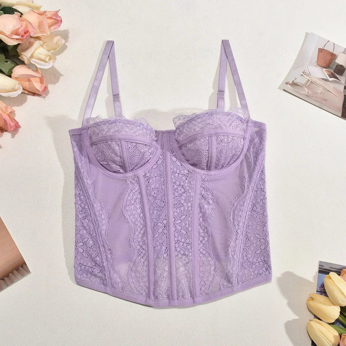 Corsé Sexy de malla de encaje con tirantes finos y espalda abierta para mujer, lencería ajustada de verano, corpiño moldeador, camisola con cuello Halter - lobbol