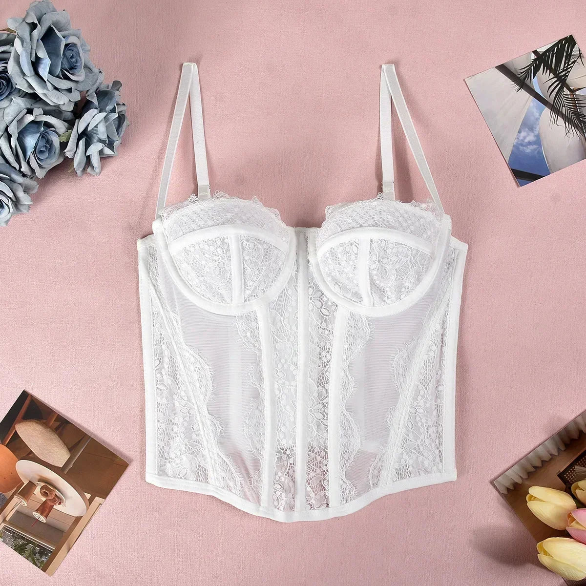 Corsé Sexy de malla de encaje con tirantes finos y espalda abierta para mujer, lencería ajustada de verano, corpiño moldeador, camisola con cuello Halter - lobbol