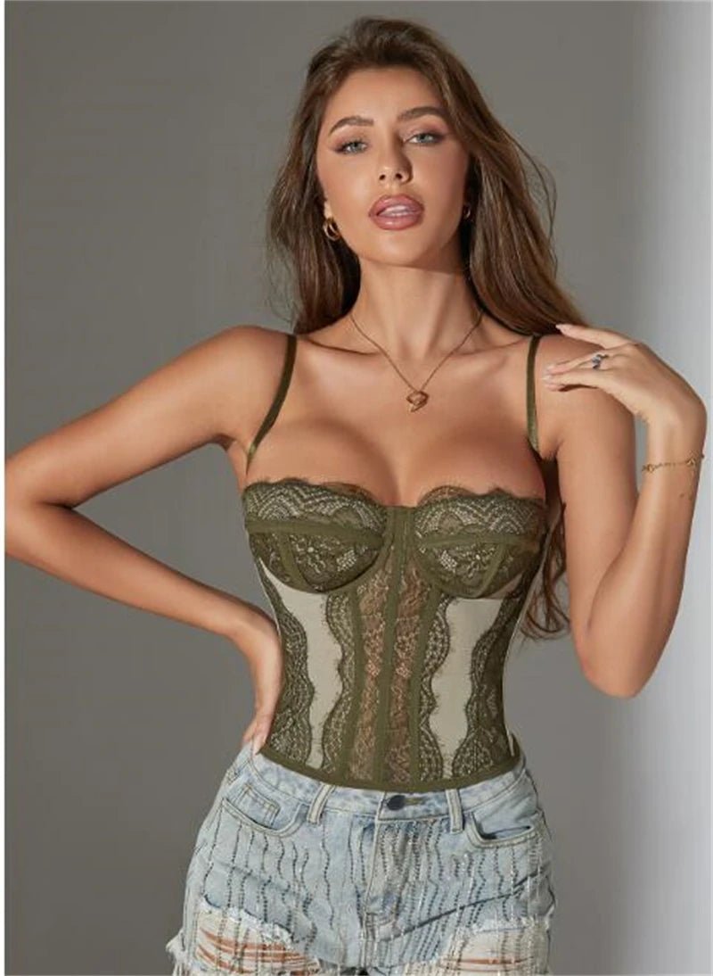 Corsé Sexy de malla de encaje con tirantes finos y espalda abierta para mujer, lencería ajustada de verano, corpiño moldeador, camisola con cuello Halter - lobbol