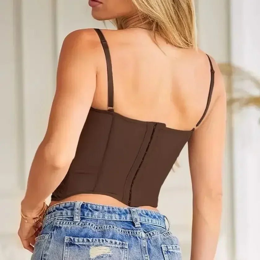 Corsé Sexy de malla de encaje con tirantes finos y espalda abierta para mujer, lencería ajustada de verano, corpiño moldeador, camisola con cuello Halter - lobbol