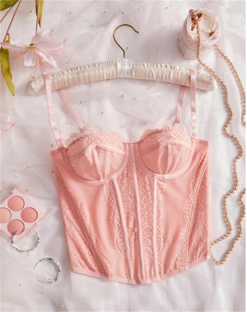 Corsé Sexy de malla de encaje con tirantes finos y espalda abierta para mujer, lencería ajustada de verano, corpiño moldeador, camisola con cuello Halter - lobbol