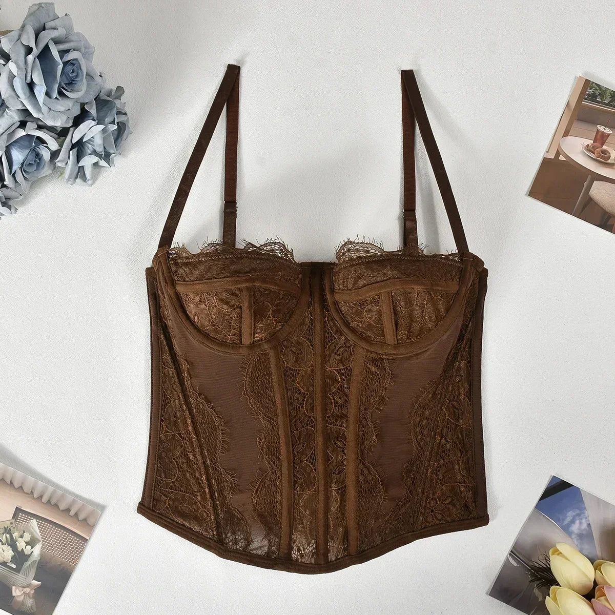 Corsé Sexy de malla de encaje con tirantes finos y espalda abierta para mujer, lencería ajustada de verano, corpiño moldeador, camisola con cuello Halter - lobbol