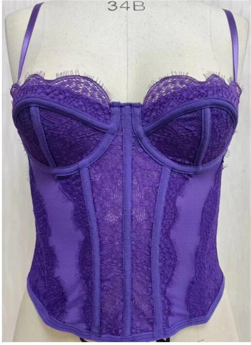 Corsé Sexy de malla de encaje con tirantes finos y espalda abierta para mujer, lencería ajustada de verano, corpiño moldeador, camisola con cuello Halter - lobbol