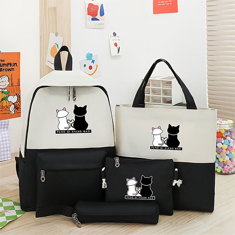 Cartoon Cat Print Contrast Color Backpack With Matching Tote, Pencil Case & Wallet, Durable Travel And School Bag Combo