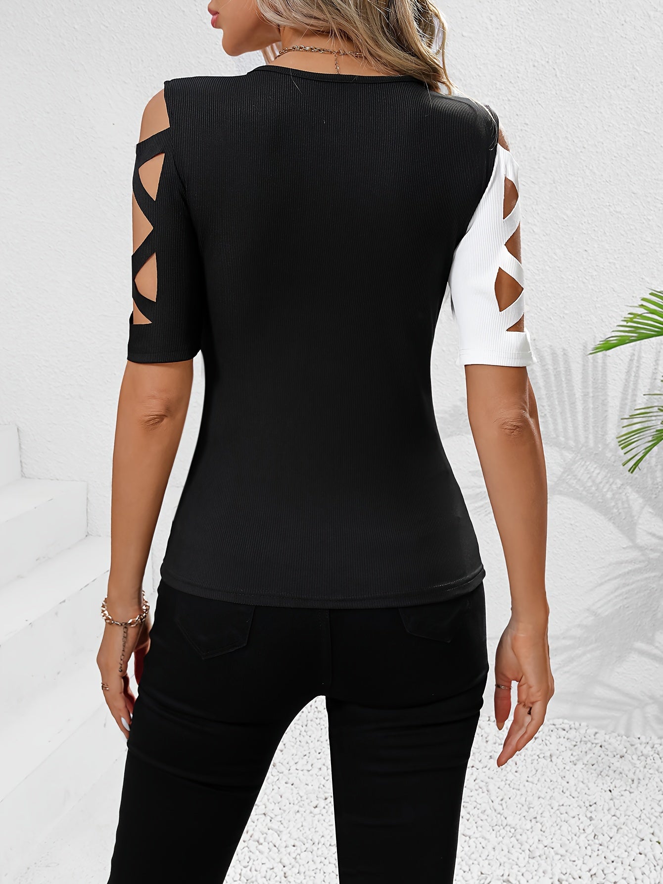 Color Block Crew Neck Slim Top, Casual Crisscross Cut Out Short Sleeve T-Shirt For Spring & Summer, Women's Clothing