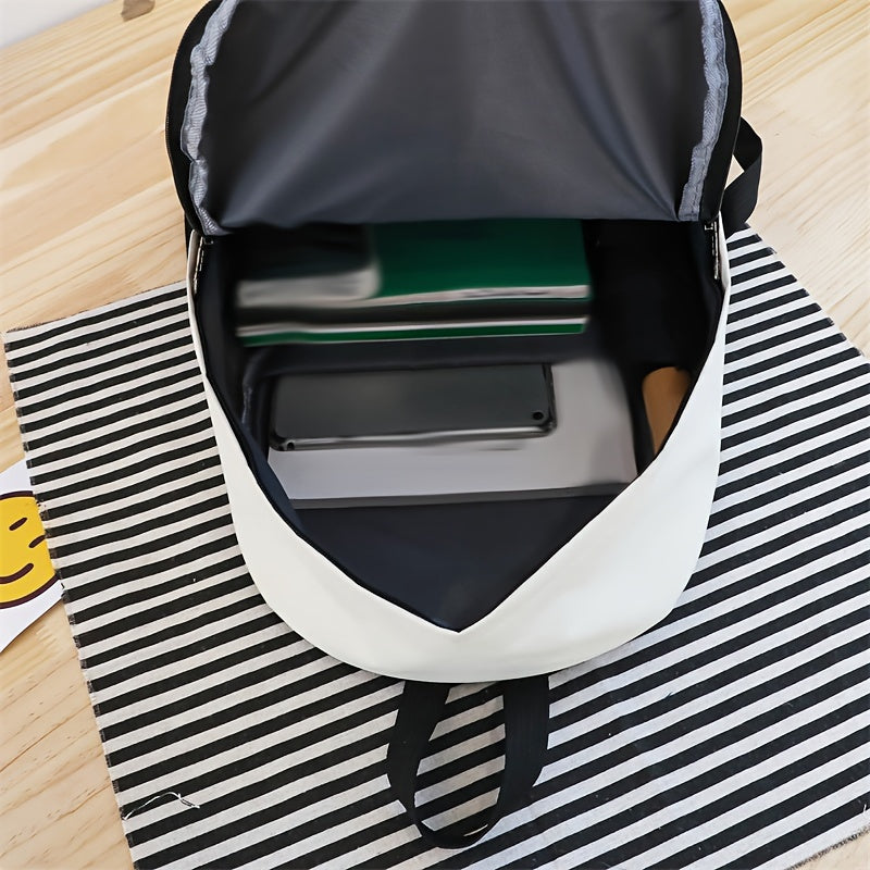 Cartoon Cat Print Contrast Color Backpack With Matching Tote, Pencil Case & Wallet, Durable Travel And School Bag Combo