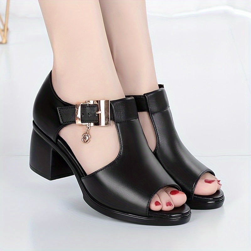 Women's Chunky Mid Heeled Sandals, Peep Toe Buckle Strap Outdoor Shoes, Versatile Summer Casual Sandals