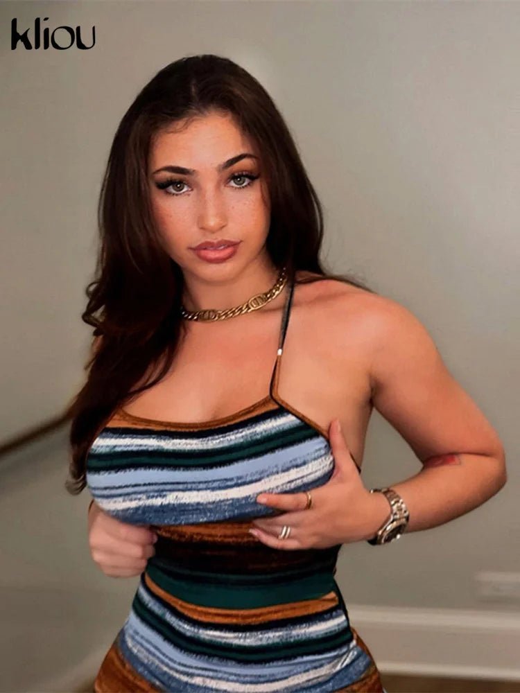 Kliou - minivestidos a rayas con paneles para mujer, camisola Sexy ajustada con cuello oblicuo, Espalda descubierta, trajes Vintage para discoteca de medianoche - lobbol