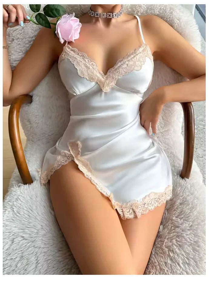 Lace Trim Leopard Nightdress V Neck Backless Side Split Slip Sleep Dress Women's Sleepwear Dresses - lobbol