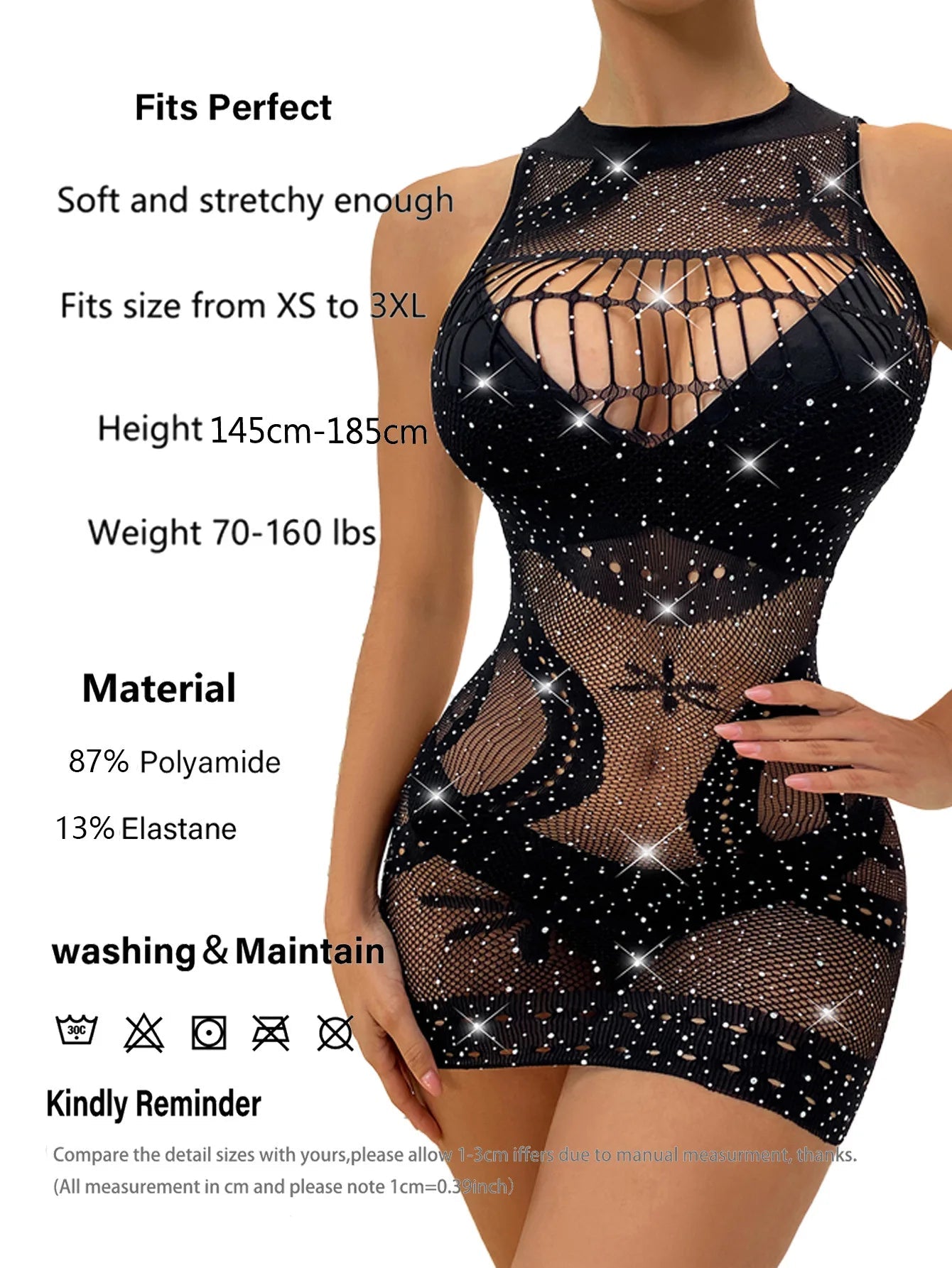 Lencería sexy de rejilla con diamantes de imitación para mujer, mono calado de malla transparente, traje de una pieza brillante Y2K Hot Lenceria - lobbol