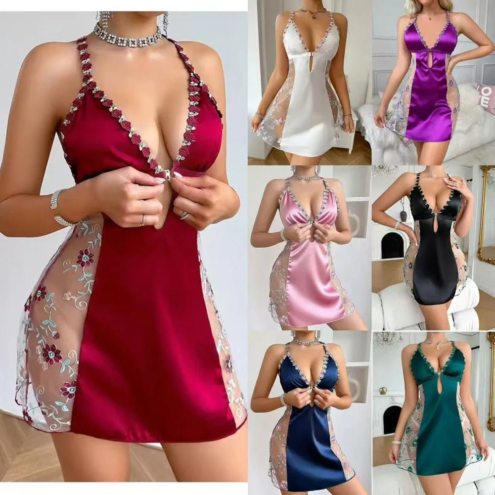 Lencería sexy para mujer, camisón de satén de seda, camisón con tirantes, camisón con cuello en V y espalda descubierta, vestidos de dormir. - lobbol