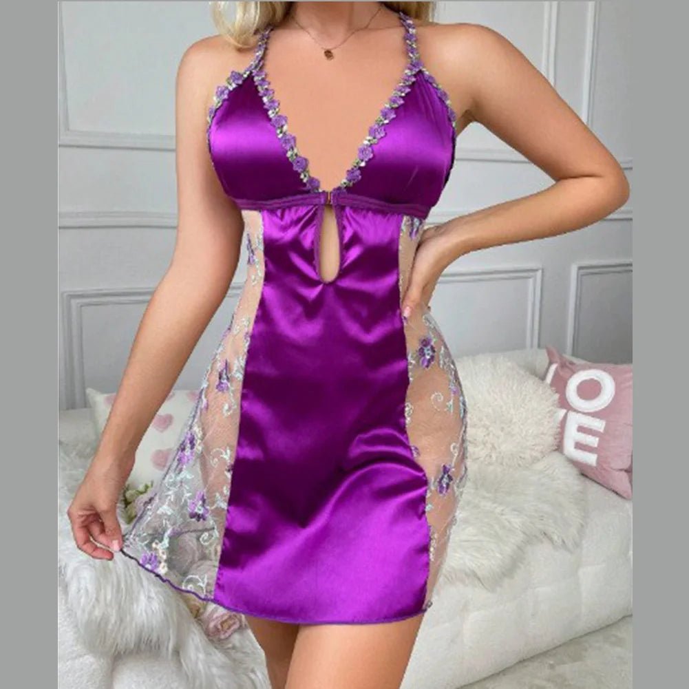 Lencería sexy para mujer, camisón de satén de seda, camisón con tirantes, camisón con cuello en V y espalda descubierta, vestidos de dormir. - lobbol