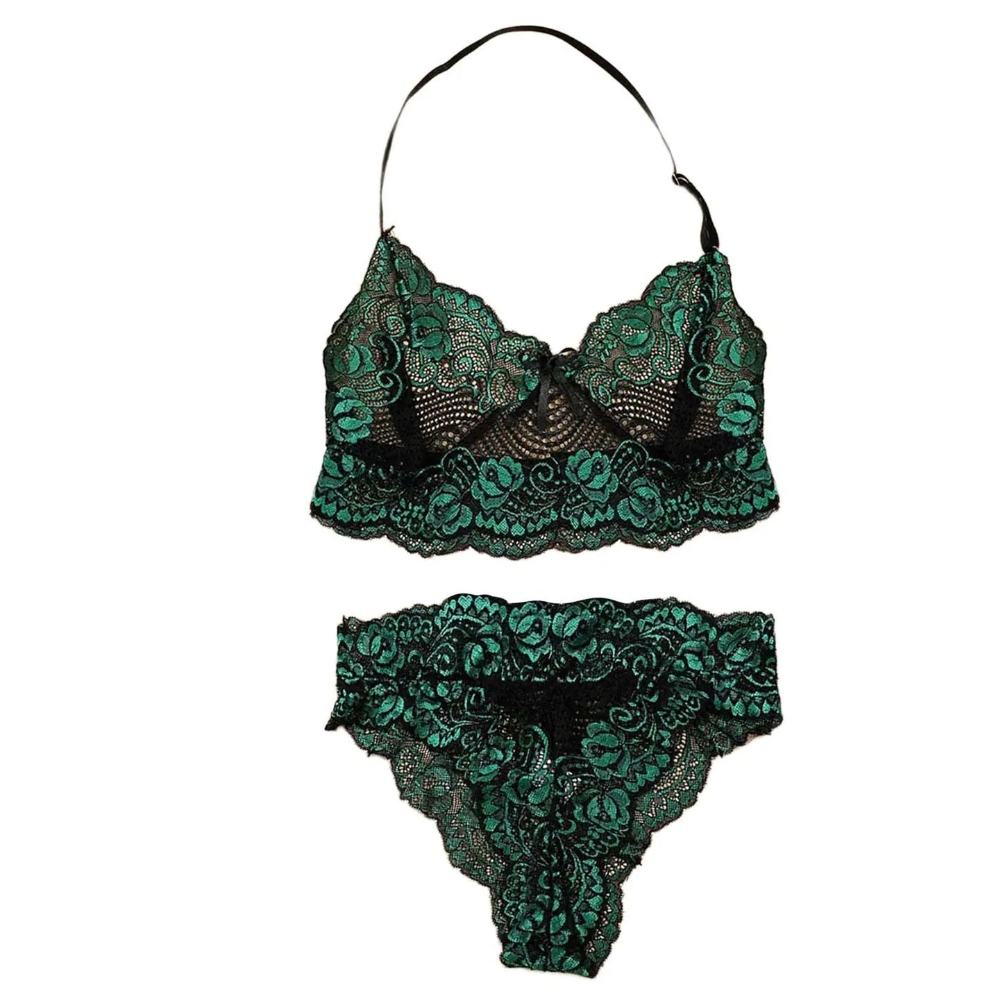 Lencería Sexy para mujer, Ropa interior de dos piezas de encaje de tres puntos con pecho grande, conjunto de sujetador porno de lujo Floral con lazo, Ropa Porno - lobbol