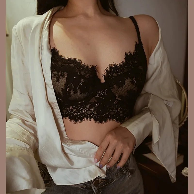 Nuevo sujetador de tiras francés de encaje Sexy, ropa interior sin espalda, sujetador de chaleco fino retro para mujer - lobbol