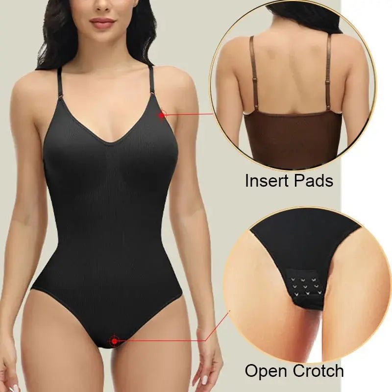 Nuevos monos con tirantes finos y cuello en V para mujer, trajes de cuerpo acolchados, ropa moldeadora de entrepierna abierta, moldeador de cuerpo adelgazante, mono liso - lobbol