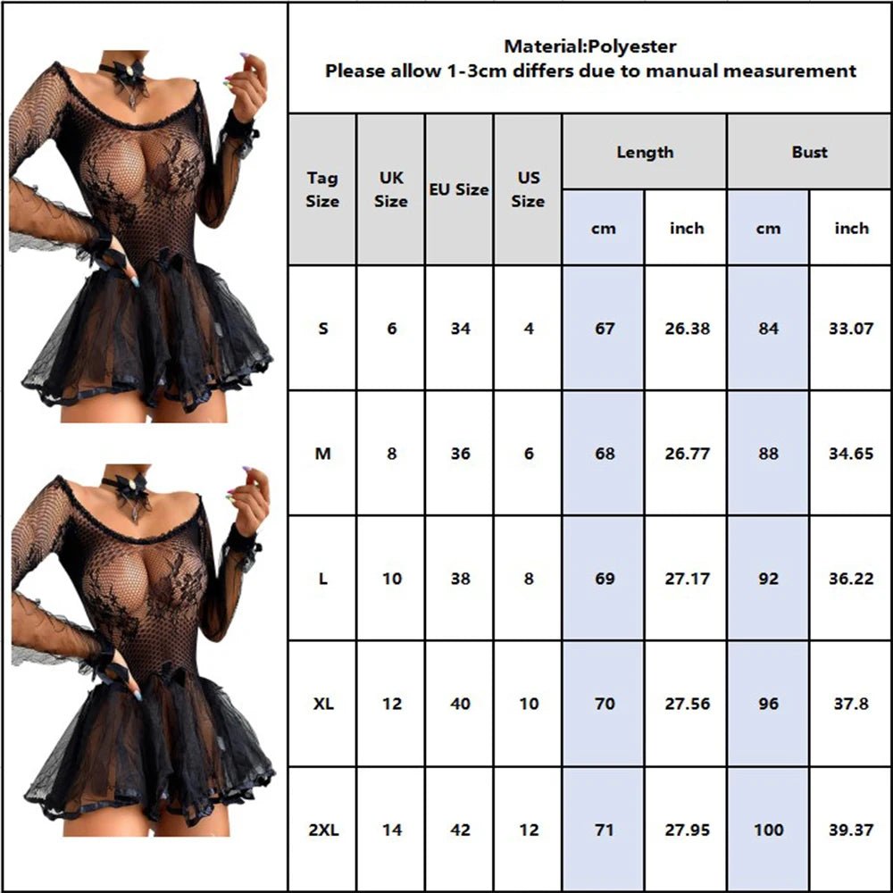 PYL - Camisón de encaje transparente para mujer, lencería Sexy, minivestido, ropa de dormir, ropa interior, leotardo de peluche - lobbol