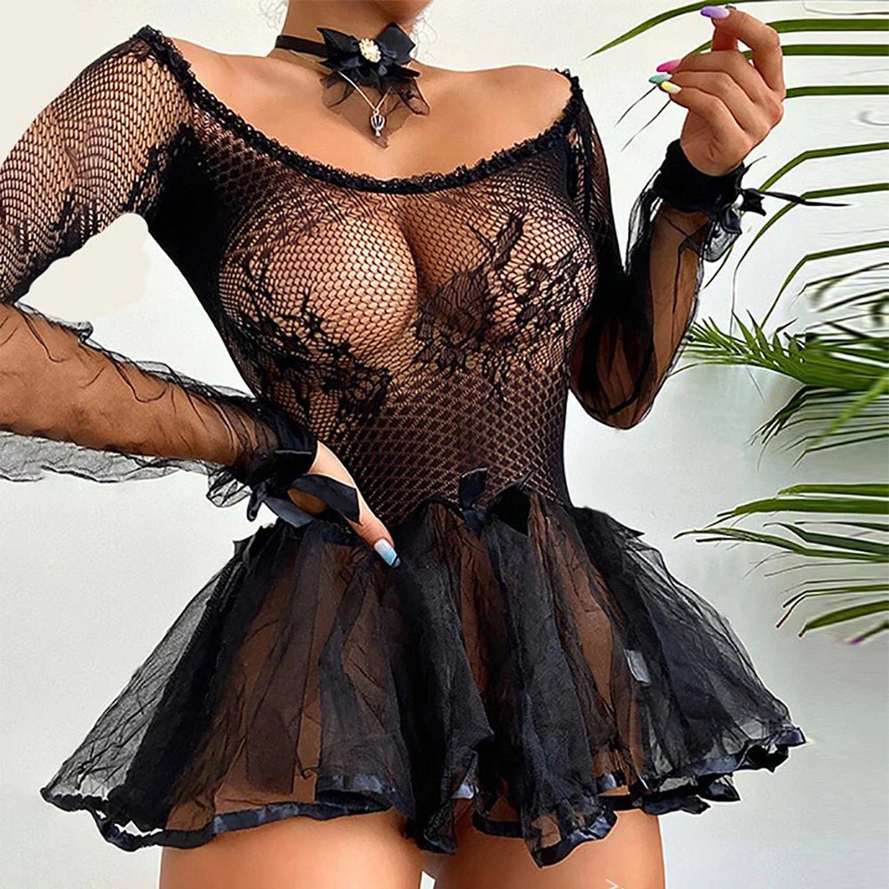 PYL - Camisón de encaje transparente para mujer, lencería Sexy, minivestido, ropa de dormir, ropa interior, leotardo de peluche - lobbol