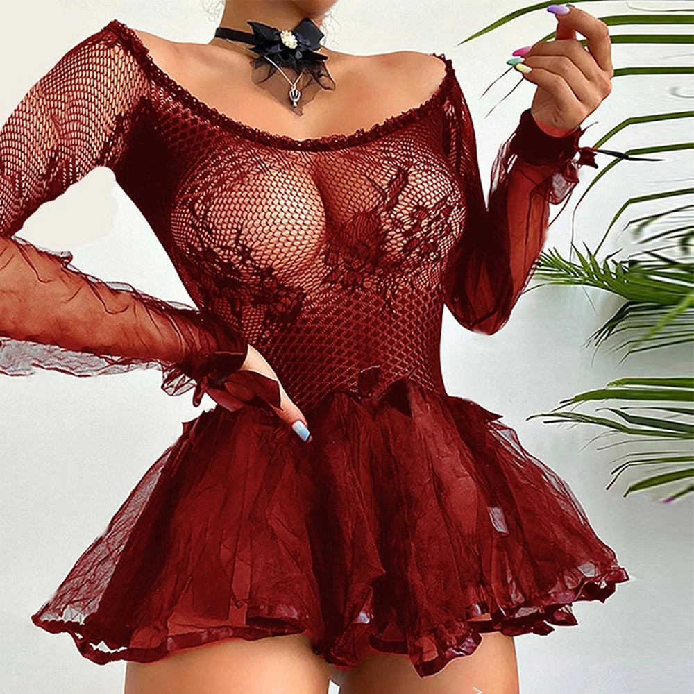 PYL - Camisón de encaje transparente para mujer, lencería Sexy, minivestido, ropa de dormir, ropa interior, leotardo de peluche - lobbol