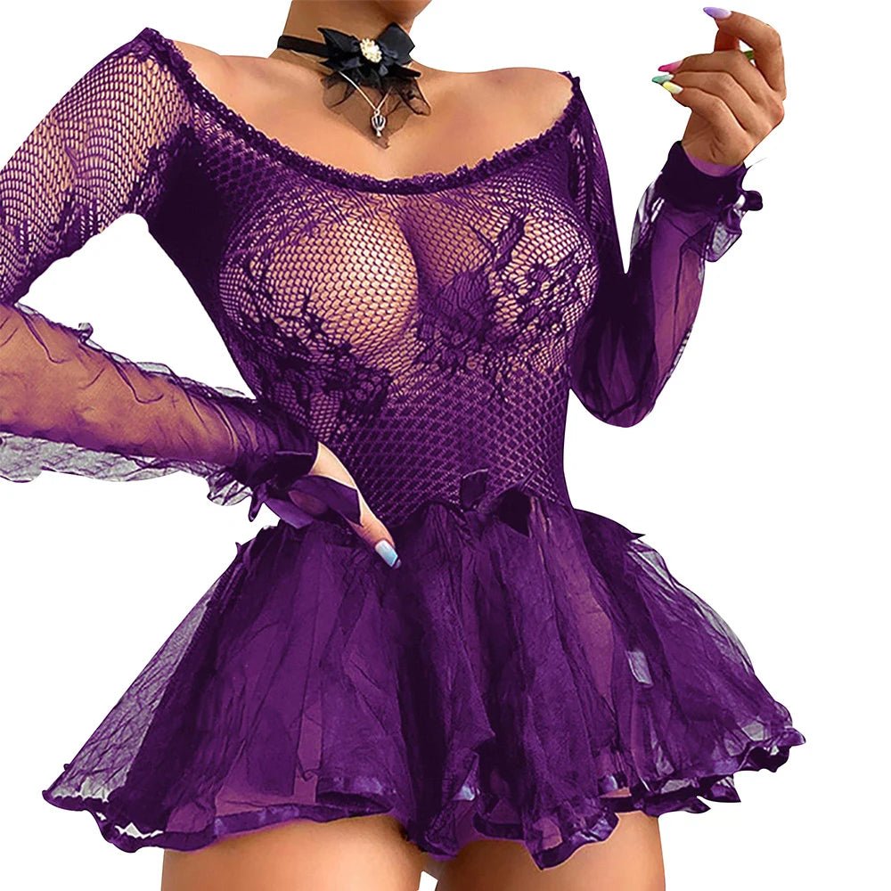 PYL - Camisón de encaje transparente para mujer, lencería Sexy, minivestido, ropa de dormir, ropa interior, leotardo de peluche - lobbol