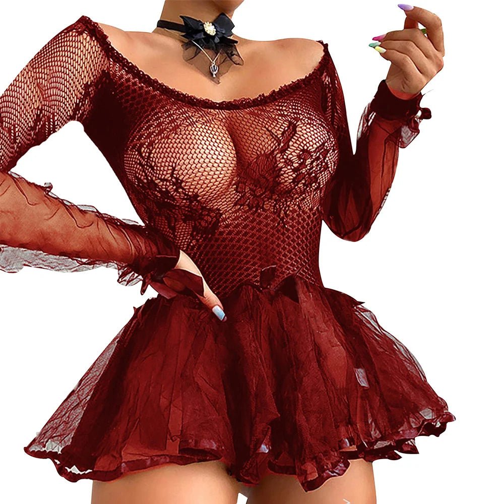 PYL - Camisón de encaje transparente para mujer, lencería Sexy, minivestido, ropa de dormir, ropa interior, leotardo de peluche - lobbol