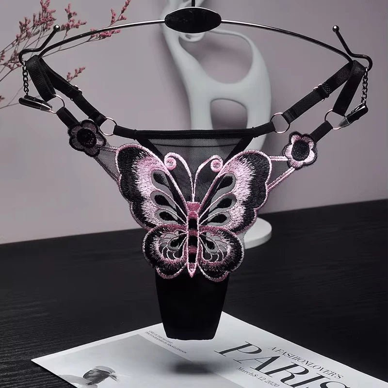 Tanga de encaje Sexy para mujer, bragas de cintura baja de mariposa, bragas de malla transparente, bragas de cintura ajustable, Culotte femenino - lobbol