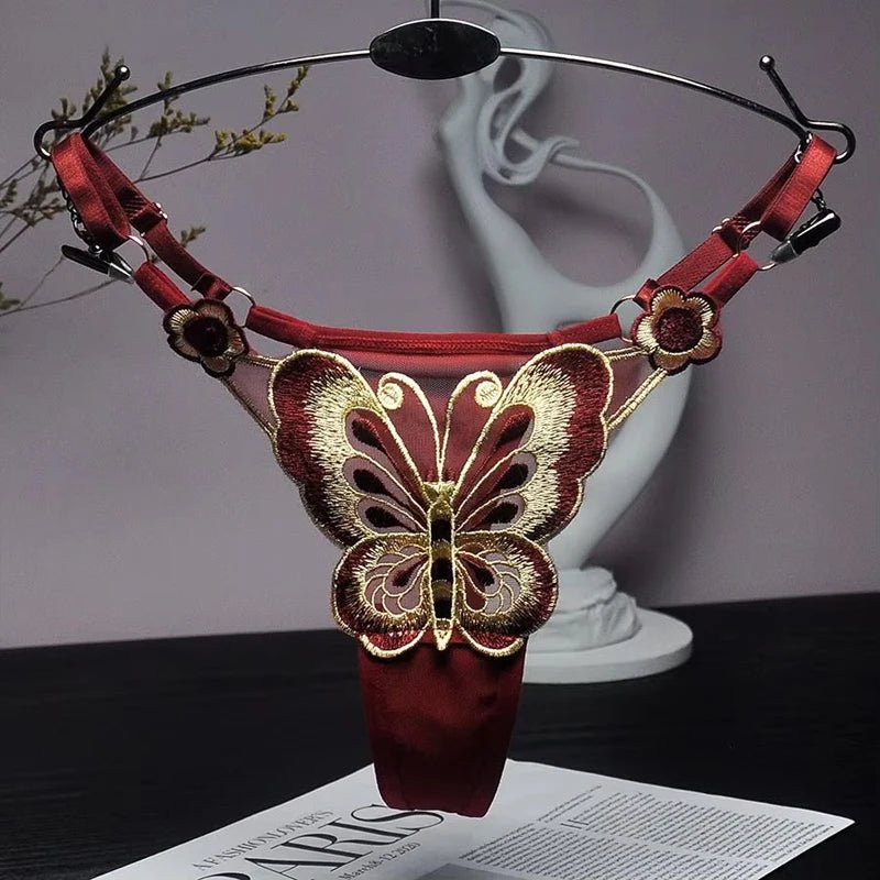 Tanga de encaje Sexy para mujer, bragas de cintura baja de mariposa, bragas de malla transparente, bragas de cintura ajustable, Culotte femenino - lobbol